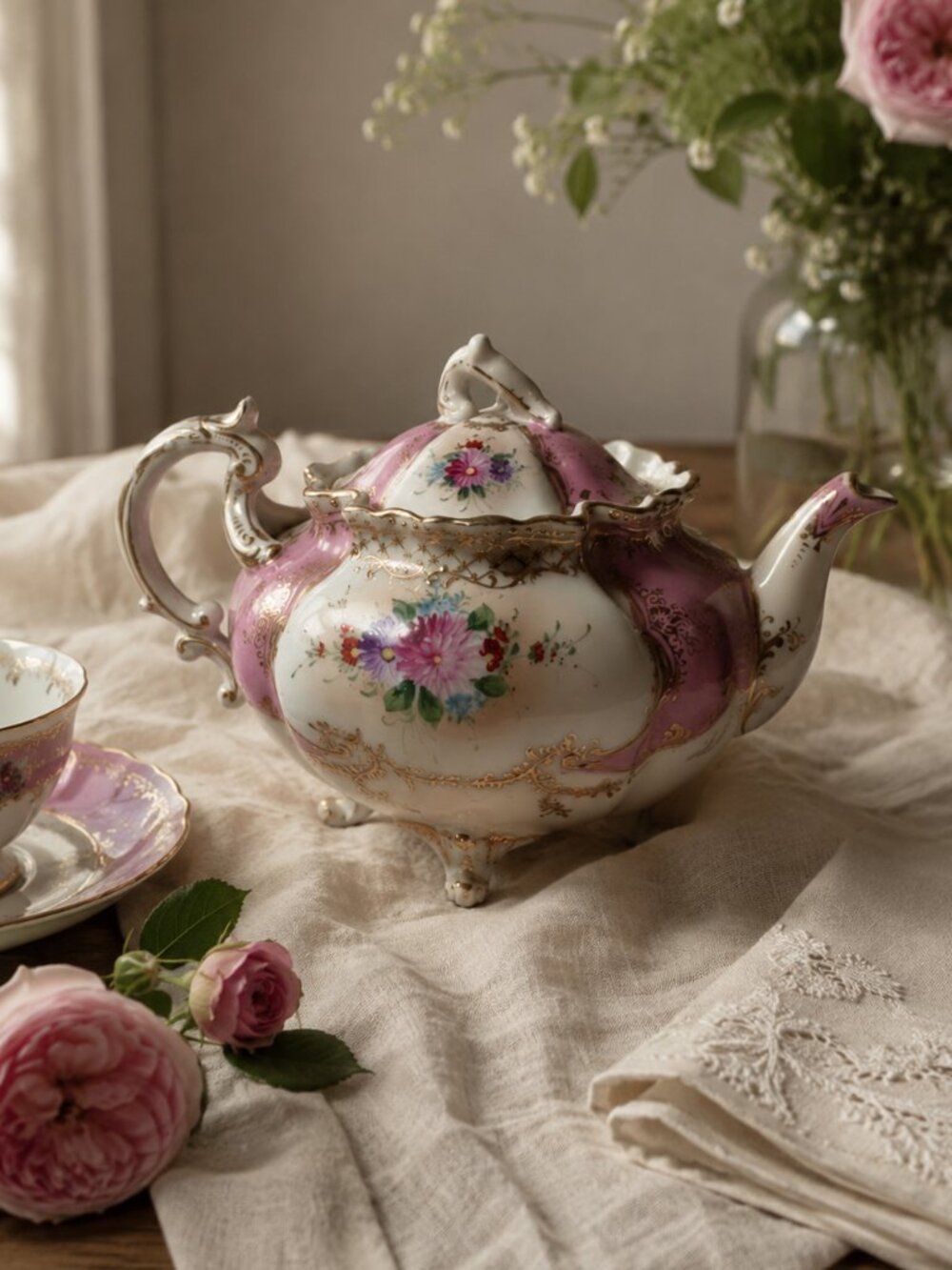 Antique Victorian Style Porcelain Teapot Pink Floral Gold Gilt Footed Tea Pot